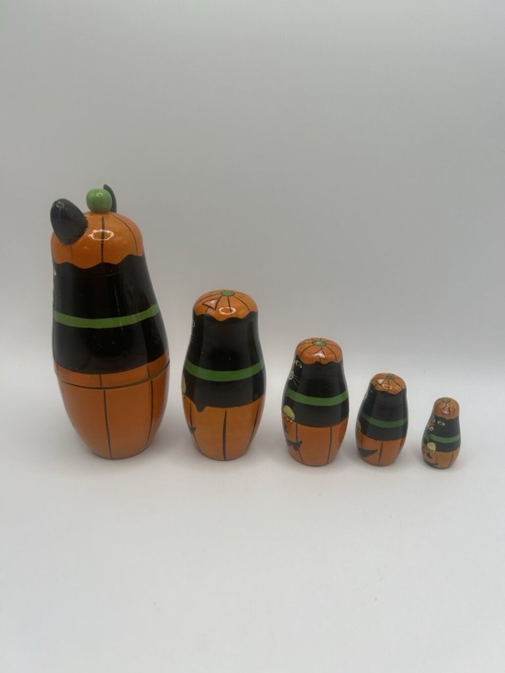 Halloween Kitty Cat Pumpkin Hand-Painted Wood Stacking Nesting Dolls Five Vtg - Picture 8 of 16